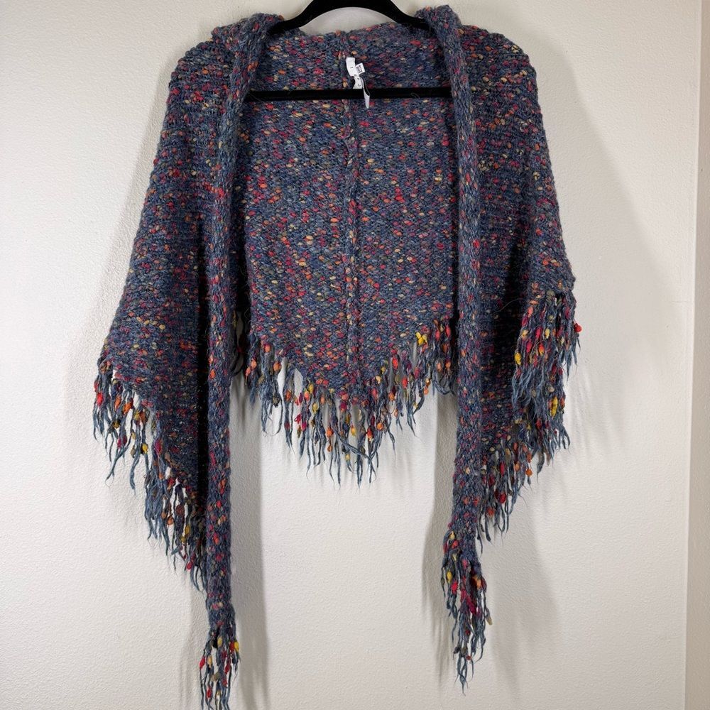 CAbi 341 Blue Multi Donegal Boucle Knit Hooded Shawl Sweater Women's One Size